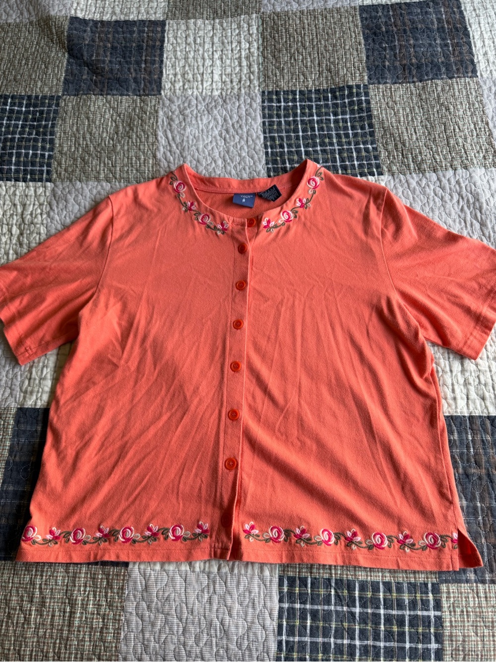 Mountain Lake Coral Button-Front Embroidered Short-Sleeve Top